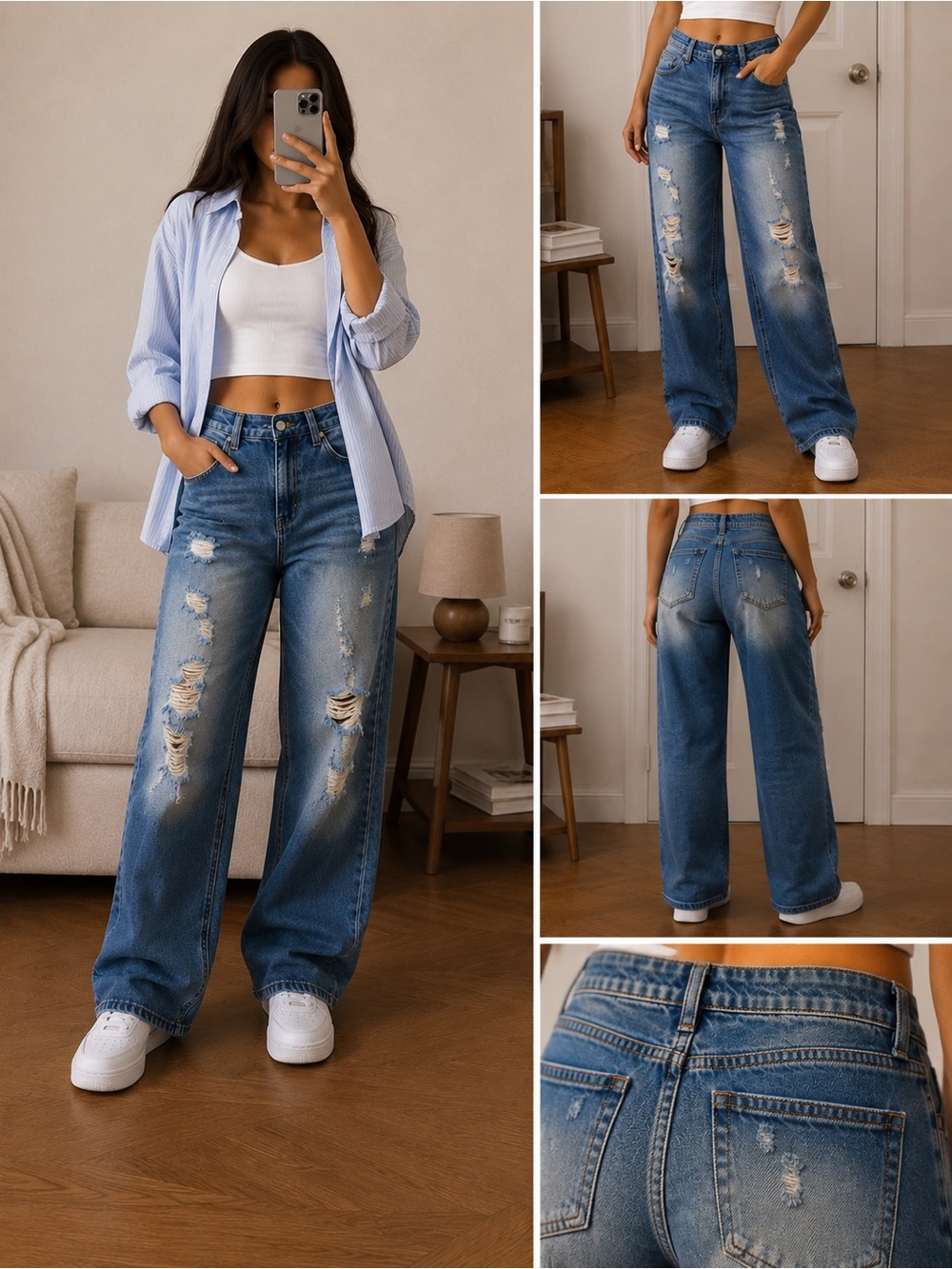 Fashion Nova Distressed Wide-Leg Jeans in Medium Blue